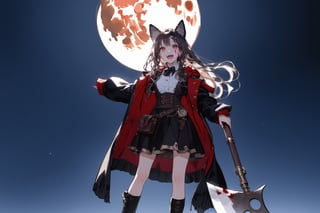 female_solo , slender, full_body, long_hair , wavy_hair, red_eye, dog_ears, dog_tail, bright_pupils, bare_foot , excited, pointy_teeth, gothic_lolita , victoria , steampunk , dark background, night, fullmoon
, blood_on_face , fully_dressed, hooded_jacket , open cloak, axe ,