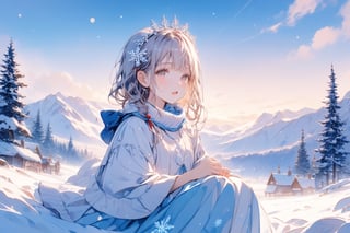 In this tranquil winter scene, a small, endearing young girl sits amidst a whimsical flurry of snowflakes. Her petite features are gently illuminated by soft, pastel hues that bathe her lovely face in an ethereal glow. Her eyes, hyperrealistically detailed with intricate facets, shimmer like diamonds against the subtle watercolor background's delicate gradations of color. As she sits in rapt attention, her mouth open in a silent whisper of wonder, the viewer is transported to a serene winter world of gentle snowfall and quiet contemplation.