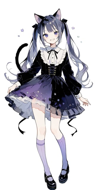 1girl, solo_female, puple hair, long hair, two ponytails, lavender hair, black cat ears, 1cat tail, black cat tail, purple dress with black laces, socks, purple and white striped socks, long knee length socks, blue cat eyes, cat pupils in the eyes, aesthetic, standing, smiling, wide smile, cat teeth, BIG_CAT_PUPILS, mischevious grin