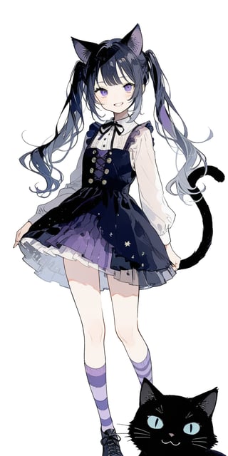 1girl, solo_female, puple hair, long hair, two ponytails, lavender hair, black cat ears, 1cat tail, black cat tail, purple dress with black laces, socks, purple and white striped socks, long knee length socks, blue cat eyes, cat pupils in the eyes, aesthetic, standing, smiling, wide smile, cat teeth, BIG_CAT_PUPILS, mischevious grin