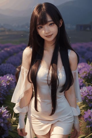 masterpiece, best quality, masterpiece,best quality, 1girl, asian girl, solo, long hair, looking at viewer, smile, bangs, blue eyes, school dress, very long hair, stand in flower field