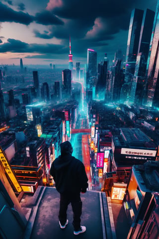 (((Human))),Solo,boy with hoodie,cliff,focus on city ,Realistic, 8k wallpaper,RAW Photo of CyberpunkWorld USB drive, cyberpunk style, photorealistic, (Masterpiece:1.3) (best quality:1.2) (high quality:1.1), ultra detailed, beautiful and aesthetic, beautiful, masterpiece, best quality, ) tokyo city ,1 boy,solo, from back,teenager with hoodie staring at the city ,from a cliff,entire city view ,  ,neon sights, tokyo monuments in cyberpunk version,absudres,wallpaper,CyberpunkWorld,night city,cyberpunk style,photorealistic,cyber_asia 