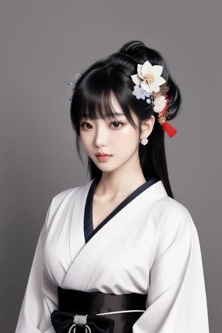 1girl, solo, long hair, looking at viewer, bangs, black hair, hair ornament, closed mouth, upper body, japanese clothes, hair flower, kimono, grey background, black eyes, lips, sash, realistic, ,Sexy Pose