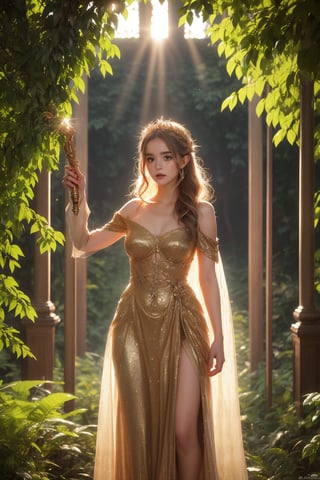  In the ruins of a mottled ancient forest, an elf princess stood tall, her staff raised high, beams of warm sunlight filtered through the woods, casting a golden halo around her noble body. Her revealing, glamorous clothes shimmer in the soft light, while lush foliage and vines surround her, creating a lush environment. The camera captures a clear focus on the princess's face, looking out at the viewer. The rule of thirds composition places her at the intersection of two diagonals. Shot during golden hour, the scene exudes an ethereal mood, inviting the viewer to step into this mysterious realm ,AIDA_LoRA_AnC,(Emma Watson:0.8),