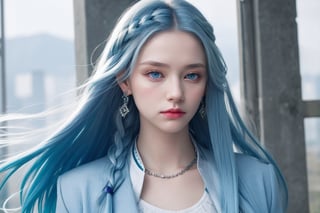 Generate hyper realistic image of a woman with long, flowing blue hair cascading over her shoulders, her piercing blue eyes locked onto the viewer with intensity. She stands confidently, wearing a stylish white jacket with long sleeves, complemented by a braided belt and matching pants. Adorned with subtle makeup and nail polish, she exudes an air of sophistication, with hoop earrings framing her face.