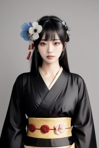 1girl, solo, long hair, looking at viewer, bangs, black hair, hair ornament, closed mouth, upper body, japanese clothes, hair flower, kimono, grey background, black eyes, lips, sash, realistic, ,Sexy Pose