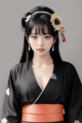 1girl, solo, long hair, looking at viewer, bangs, black hair, hair ornament, closed mouth, upper body, japanese clothes, hair flower, kimono, grey background, black eyes, lips, sash, realistic, ,Sexy Pose