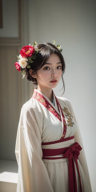 A girl, wearing hanfu, peony garden, butterfly, (negative space:1.4), fusion of art nouveau styles with gongbi painting, gold and white and red hue, Mucha style, (Cinematic lighting, ethereal light, intricate details, extremely detailed, incredible details, full colored), complex details, hyper maximalist, gorgeous light and shadow, detailed decoration, detailed lines. masterpiece, best quality, HDR, UHD, unreal engine. looking at the camera, fair skin, beautiful face,myhanfu,Colors