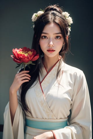 A girl, wearing hanfu, peony garden, butterfly, (negative space:1.4), fusion of art nouveau styles with gongbi painting, gold and white and red hue, Mucha style, (Cinematic lighting, ethereal light, intricate details, extremely detailed, incredible details, full colored), complex details, hyper maximalist, gorgeous light and shadow, detailed decoration, detailed lines. masterpiece, best quality, HDR, UHD, unreal engine. looking at the camera, fair skin, beautiful face,myhanfu,Colors