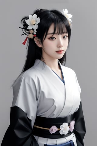 1girl, solo, long hair, looking at viewer, bangs, black hair, hair ornament, closed mouth, upper body, japanese clothes, hair flower, kimono, grey background, black eyes, lips, sash, realistic, ,Sexy Pose