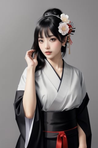 1girl, solo, long hair, looking at viewer, bangs, black hair, hair ornament, closed mouth, upper body, japanese clothes, hair flower, kimono, grey background, black eyes, lips, sash, realistic, ,Sexy Pose