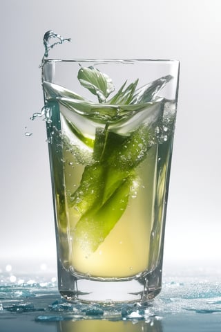 A serene summer scene unfolds: a young girl in vibrant attire stands amidst a backdrop of shimmering glass, where transparent ice cubes adorned with jasmine flowers slowly melt into a clear green tea. Water splashes radiate outward as the cubes dissolve, surrounded by a refreshing cool atmosphere. The close-up shot focuses on the icy cubes, their intricate details and delicate petals glistening in the soft light.
3 point perspective composition,
(Emma Watson:0.8),