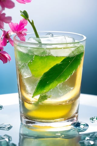 a young girl in vibrant attire stands amidst a backdrop of shimmering glass, where transparent ice cubes adorned with jasmine flowers slowly melt into a clear green tea. Water splashes radiate outward as the cubes dissolve, surrounded by a refreshing cool atmosphere. The close-up shot focuses on the icy cubes, their intricate details and delicate petals glistening in the soft light.
3 point perspective composition,
(Emma Watson:0.8),