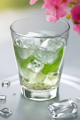 A serene summer scene unfolds: a young girl in vibrant attire stands amidst a backdrop of shimmering glass, where transparent ice cubes adorned with jasmine flowers slowly melt into a clear green tea. Water splashes radiate outward as the cubes dissolve, surrounded by a refreshing cool atmosphere. The close-up shot focuses on the icy cubes, their intricate details and delicate petals glistening in the soft light.
3 point perspective composition,
(Emma Watson:0.8),