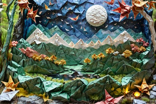 score_9, score_8_up, score_7_up, score_6_up, a large intricately crafted origami_landscape, incredibly detailed beautiful mountain focus, Aerial shot, very zoomed out, night, no_light_noise, moon_light, artfully crafted crumpled paper galaxy poked full of holes many colored lights shining through, intricately crafted reflective paper origami moon, ethereal glowy smoke in the valley, soft light particles in focus, scenery closer made of meticulously detailed origami with visible folds and creases, distrant swirled tissue paper origami waterfall, crumpled paper stones, origami boulders, cut origami leaves on trees,shredded paper blades of grass, intricately detailed, detailmaster2, more detail XL