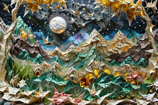 score_9, score_8_up, score_7_up, score_6_up, a large intricately crafted origami_landscape, incredibly detailed and beautiful maintain focus, Aerial shot, very zoomed out, night, no_light_noise, moon_light, artfully crafted crumpled paper galaxy poked full of holes many colored lights shining through, intricately crafted reflective paper origami moon, ethereal glowy smoke in the valley, soft light particles in focus, scenery closer made of meticulously detailed origami with visible folds and creases, distrant swirled tissue paper origami waterfall, crumpled paper stones, origami boulders, cut origami leaves on trees,shredded paper blades of grass, intricately detailed, detailmaster2, more detail XL