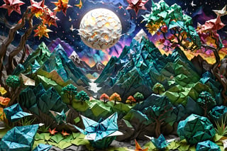 ((best quality)), ((masterpiece)), ((realistic,digital art)), (hyper detailed), DonMChr0m4t3rr4XL, score_9, score_8_up, score_7_up, score_6_up, a large intricately crafted origami_landscape, incredibly detailed beautiful mountain focus, Aerial shot, very zoomed out, night, no_light_noise, moon_light, artfully crafted crumpled paper galaxy poked full of holes many colored lights shining through, intricately crafted reflective paper origami moon, ethereal glowy smoke in the valley, soft light particles in focus, scenery closer made of meticulously detailed origami with visible folds and creases, distrant swirled tissue paper origami waterfall, crumpled paper stones, origami boulders, cut origami leaves on trees,shredded paper blades of grass, intricately detailed, detailmaster2, more detail XL, 8K, HDR