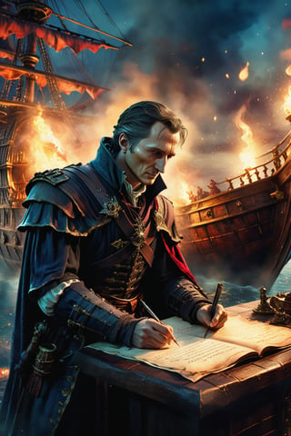 Julius Caesar writing poetry on a pirate ship, Bloodborne, dark magic splash, gothic, burnt sephia gradient, magic splash, fantasy art, watercolor effect, bokeh, digital painting, soft lighting, retro aesthetic, natural lighting, cinematic, masterpiece, highly detailed, intricate, extreme texture