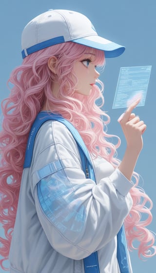 a beautiful girl wearing white and blue fashionable clothes. She has long white curly hair and a strand of pink hair. She is wearing a baseball cap and holding a holographic projection in her hand,side view,light blue background,highly detailed,ultra high resolution,32K UHD,best quality,masterpiece,