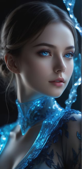 ((Waist shot)), craft a hyper realistic vertical photo of most attractive glass girl, body made out of glass, intricate beauty, bioluminescence, blue veins, detailed eyes, sparkling, reflections, (translucent), elegant, simple background, dim light, volumetric lighting, hyper realistic, blurry foreground, blurry background, (bloodborne:1.1),