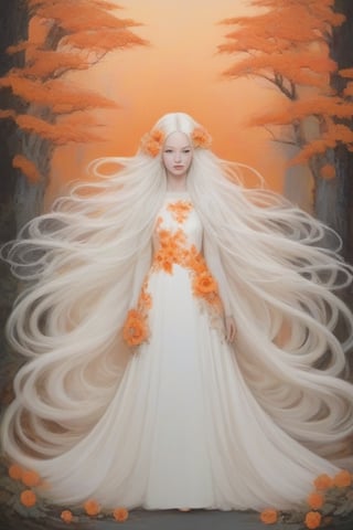 Create an artwork of a person with long, flowing hair intertwined with an array of white and orange flowers, wearing a garment that harmonizes with the botanical surroundings. The overall atmosphere should evoke an ethereal and dreamlike essence.
