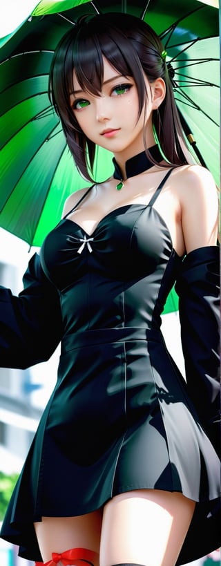 Masterpiece, Best quality, Photorealistic, Ultra-detailed, finedetail, high resolution, 8K wallpaper,  anime girl in a black dress with a green umbrella, artwork in the style of guweiz, made with anime painter studio, fine details. girls frontline, painted in anime painter studio, demon slayer rui fanart, anime visual of a cute girl, anime girl wearing a black dress, by Jin Homura, anime visual of a young woman, girls frontline cg