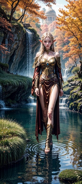 Here is a prompt for generating an image based on your description: In the warm, golden light of late afternoon, capture the serene Elf Princess standing amidst ancient forest ruins. Focus on her regal face, framed by lush foliage and vines, with the rule of thirds composition placing her at the intersection of two diagonals. Her staff, held aloft, casts a long shadow across the rust-hued ground. Enchanted clothing glimmers with amber and gold accents, complemented by a fur-trimmed cloak billowing behind her. In the distance, a willow tree's wispy branches stretch towards the sky, while a crystal-clear water source flows from a nearby cave into a tranquil pool. The surrounding cliff face, cloaked in red-hued stone, provides a dramatic backdrop for this mystical scene.