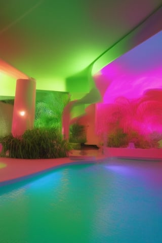 the scene is focused on a central room surrounded by 3 tall open doorways on 2 parallel sides of the room, these doorways are seemingly leading to other identical rooms whose only difference is its illumination by natural light pouring from large windows. Each room features tropical fauna and flora with a heavy emphasis on water features such as pools and waterfalls. The scene’s colour palette consists of neon colours taken from a cyberpunk set of colours such as pink, blue, orange, purple, white, and green. the only living elements in the scene are tropical fauna and flora.