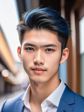 photo of handsome teenager age 25 japan men,solo, looking at viewer, brown eyes, black hair, 1boy, blue hair, upper body, male focus, parted lips, teeth, lips, facial hair, topless male, realistic, beautiful,  dslr, 8k, 4k, ultrarealistic, realistic, natural skin, textured skin, business suit