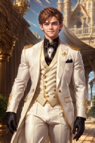 Very handsome and chaming boy, male focus, warm smile, brown short hair. He wears a very elegant prince outfit (white long sleeve shirt, white pants, white 19th century military blazer, black gloves, golden cloth shoulder pads). Beautiful skin. Beautitul and detailed eyes. red eyes. Dark blue eyes. his hair looks nice and shines too. Tidy hair hairstyle. he's walking in fantasy luxurious palace. Sunny day. Masculine appearance, neat. Detailed face. 1boy. ((light particles: 1)), ((upper body: 2)), castle, sun rays, sunlight, majestic backgound, ((stunning_image: 2)). bulge.