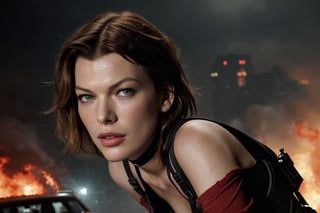 Realistic portrait of Milla Jovovich woman, dressed as Alice from 'Resident Evil'. She wears the iconic red dress paired with combat boots, equipped with holsters and various futuristic weapons. Positioned in a battle-ready stance, she captures Alice's fierce resilience. Her hair is sleek and pulled back, emphasizing her focused and intense expression. The scene is set in the apocalyptic Raccoon City, with burning vehicles, shattered glass, and hordes of zombies emerging through the foggy streets, creating a tense and suspenseful atmosphere that mirrors the film's horror and survival themes.