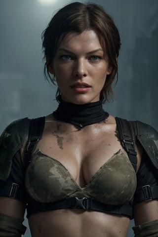 Realistic portrait of Milla Jovovich woman, depicted as her character Alice from the Resident Evil movie. She is clad in a tactical combat outfit, featuring a fitted black body armor and multiple utility belts loaded with ammunition and survival gear. Her expression is fierce and determined, with sharp, focused eyes that reflect a seasoned survivor. Her hair is styled in a short, practical cut suitable for battle. The background is a desolate urban wasteland, with abandoned buildings and eerie fog, evoking the post-apocalyptic world of Resident Evil. Scattered debris and flickering street lights enhance the atmosphere of a civilization fallen to the zombie outbreak.
(realistic skin textures), (extremely clear image, UHD, resembling realistic professional photographs, film grain)