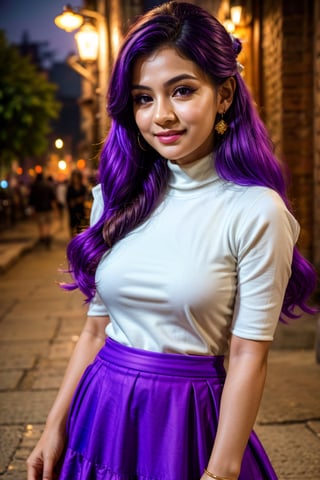 (best quality,4k,8k,highres,masterpiece:1.2),ultra-detailed,(realistic,photorealistic,photo-realistic:1.37),portrait,beautiful detailed eyes,beautiful detailed lips,extremely detailed eyes and face,longeyelashes,long hair,detailed jewelry,vivid colors,smile,skirt,night,purple eyes,multicolor hair,twintails,earrings,(purple skirt:1.5)., ,1girl