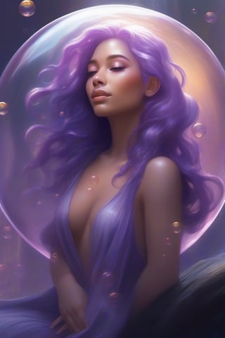 In a futuristic era of 2042, a stunning woman with purple hair and majestic features sits majestically in a bubble-like sphere, surrounded by shimmering bubbles. Her eyes are half-closed, her mouth is closed, and she wears a gentle smile as she gazes directly at the viewer. Her long, flowing hair cascades down her back like a fiery waterfall. The background glows with an ethereal light, casting a warm ambiance on her radiant features.