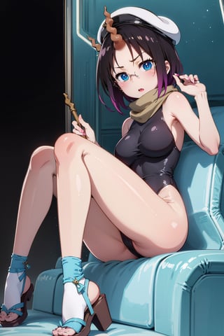 Elma has short black hair dyed purple at the ends, and a long spiral unicorn horn (which she can freely hide), she has blue eyes, wears round glasses, and wears a light brown scarf with a leotard. dark blue (sometimes black), She wears a purple kimono, with a navy blue obi over it, with the cap buttoned down, She has bandages around her legs and sandals, Her train is cobalt blue and turquoise (which can be hidden freely ), carries a long brown trident,elma,cammystretch,elma joui