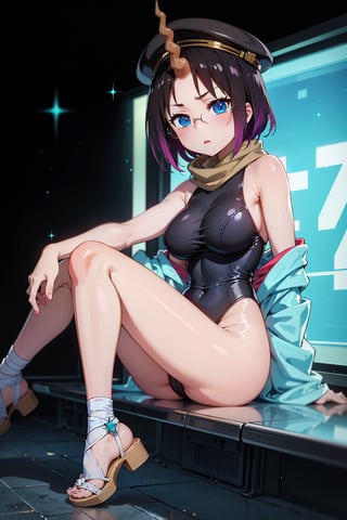 Elma has short black hair dyed purple at the ends, and a long spiral unicorn horn (which she can freely hide), she has blue eyes, wears round glasses, and wears a light brown scarf with a leotard. dark blue (sometimes black), She wears a purple kimono, with a navy blue obi over it, with the cap buttoned down, She has bandages around her legs and sandals, Her train is cobalt blue and turquoise (which can be hidden freely ), carries a long brown trident,elma,cammystretch,elma joui