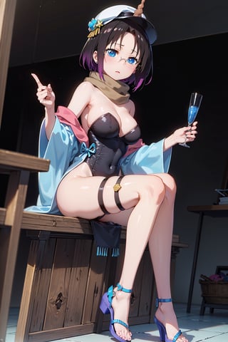 Elma has short black hair dyed purple at the ends, and a long spiral unicorn horn (which she can freely hide), she has blue eyes, wears round glasses, and wears a light brown scarf with a leotard. dark blue (sometimes black), She wears a purple kimono, with a navy blue obi over it, with the cap buttoned down, She has bandages around her legs and sandals, Her train is cobalt blue and turquoise (which can be hidden freely ), carries a long brown trident,elma,cammystretch,elma joui