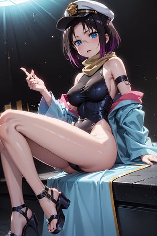 Elma has short black hair dyed purple at the ends, and a long spiral unicorn horn (which she can freely hide), she has blue eyes, wears round glasses, and wears a light brown scarf with a leotard. dark blue (sometimes black), She wears a purple kimono, with a navy blue obi over it, with the cap buttoned down, She has bandages around her legs and sandals, Her train is cobalt blue and turquoise (which can be hidden freely ), carries a long brown trident,elma,cammystretch,elma joui