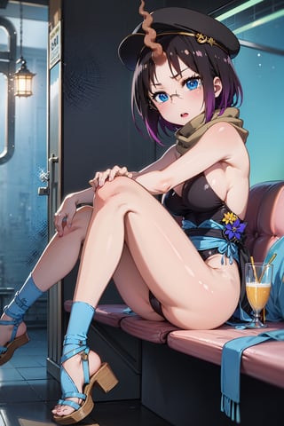 Elma has short black hair dyed purple at the ends, and a long spiral unicorn horn (which she can freely hide), she has blue eyes, wears round glasses, and wears a light brown scarf with a leotard. dark blue (sometimes black), She wears a purple kimono, with a navy blue obi over it, with the cap buttoned down, She has bandages around her legs and sandals, Her train is cobalt blue and turquoise (which can be hidden freely ), carries a long brown trident,elma,cammystretch,elma joui