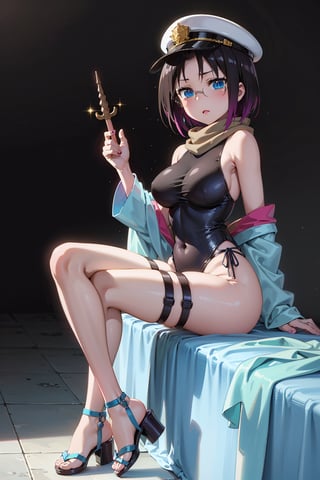 Elma has short black hair dyed purple at the ends, and a long spiral unicorn horn (which she can freely hide), she has blue eyes, wears round glasses, and wears a light brown scarf with a leotard. dark blue (sometimes black), She wears a purple kimono, with a navy blue obi over it, with the cap buttoned down, She has bandages around her legs and sandals, Her train is cobalt blue and turquoise (which can be hidden freely ), carries a long brown trident,elma,cammystretch,elma joui