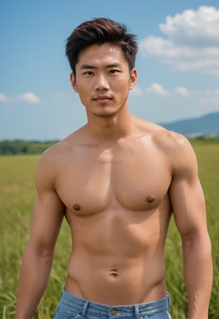 A handsome young man with a taiwanese-looking face, 29 years old, healthy lips, standing in a vast grassy field, the backdrop is an endless horizon with blue skies, healthy with a six-pack, looks cheeky, mischievous, naughty-faced, the lighting looks alluring, photo shoot, upper body, strict physical, high-impact strictly face detail, sony a7iii with 
 70-200mm Lens with  f3.5 aperture