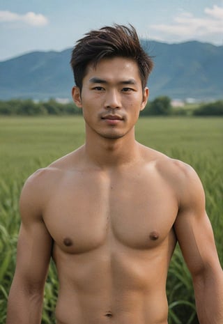 A handsome young man with a taiwanese-looking face, 29 years old, healthy lips, standing in a vast grassy field, the backdrop is an endless horizon with blue skies, healthy with a six-pack, looks cheeky, mischievous, naughty-faced, the lighting looks alluring, photo shoot, upper body, strict physical, high-impact strictly face detail, sony a7iii with 
 70-200mm Lens with  f3.5 aperture