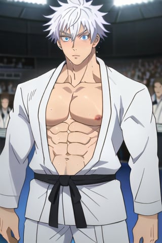 1man,stubble,Gojo Satoru ,hair between eyes, white hair,short hair,blue eyes,colored eyelashes,lean muscle, judo black belt, handsome,(long sleeve judo uniform:1.1), sweaty body, sweaty hair, chest muscles,abdominal muscles,show chest and abdominal,4K,masterpiece, super detailed,