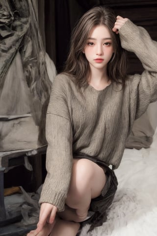 photorealistic, masterpiece, best quality, raw photo, 1girl, long hair, detailed eyes and face, super big breast, low key, full_body, seductive body, chunky knit sweater, rustic cabin, cozy fireplace, oversized mug, casual glamour, tousled waves, bare legs
,Young beauty spirit 