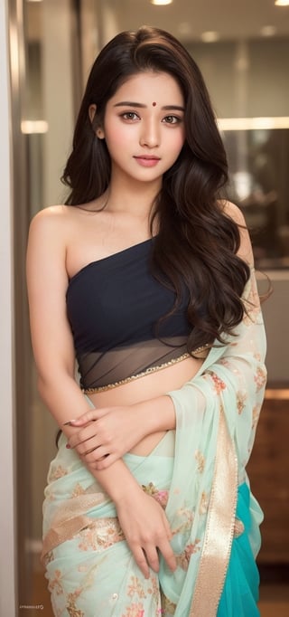 lovely cute young attractive indian girl brown eyes, gorgeous actress. 19 years old, cute, an instagram model, long blonde_hair, colorful hair, winter Indian, wearing saree