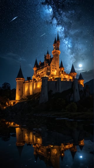 A fantasy scene of an enchanted castle with glowing windows and towers, set against a dark, starry sky.,photo,surreal,creative,artistic,landscape,realistic