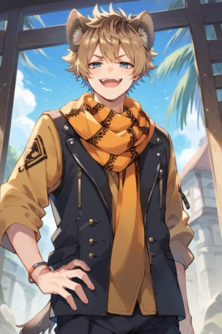 score_9,score_8_up,score_7_up,best quality, masterpiece, 1boy, male focus, ruggie_bucchi, brown hair, blue eyes, multicolored hair, dormitory uniform, hyena ears, hyena tail, scarf, looking at viewer, smug, open mouth, cowboy shot, from below, close up, muscular