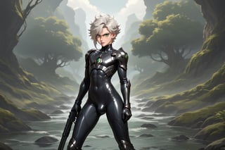 In a distant two-suns planet's alien valley, a young man with short grey hair and piercing green eyes, donning a rinoceros-shaped armor and black bodysuit, dashes forth. His androgynous features are accentuated by high cheekbones and a subtle jawline. He grasps black globes that hold a shotgun at the ready, his handsome face set in a determined expression. Mid-length hair blows back as he runs, revealing a glimpse of blonde locks beneath. Bulge-panted leather boots make him look both powerful and agile. Light lipstick adds a touch of sweetness to his pretty eyes, which seem to sparkle like the twin suns above.