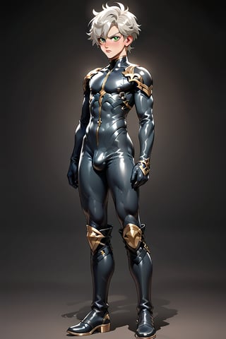 In a distant two-suns planet's alien valley, a young man with short grey hair and piercing green eyes, donning a rinoceros-shaped armor and black bodysuit, dashes forth. His androgynous features are accentuated by high cheekbones and a subtle jawline. He grasps black globes that hold a shotgun at the ready, his handsome face set in a determined expression. Mid-length hair blows back as he runs, revealing a glimpse of blonde locks beneath. Bulge-panted leather boots make him look both powerful and agile. Light lipstick adds a touch of sweetness to his pretty eyes, which seem to sparkle like the twin suns above.