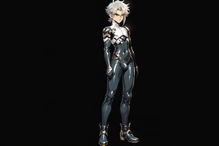 In a distant two-suns planet's alien valley, a young man with short grey hair and piercing green eyes, donning a rinoceros-shaped armor and black bodysuit, dashes forth. His androgynous features are accentuated by high cheekbones and a subtle jawline. He grasps black globes that hold a shotgun at the ready, his handsome face set in a determined expression. Mid-length hair blows back as he runs, revealing a glimpse of blonde locks beneath. Bulge-panted leather boots make him look both powerful and agile. Light lipstick adds a touch of sweetness to his pretty eyes, which seem to sparkle like the twin suns above.